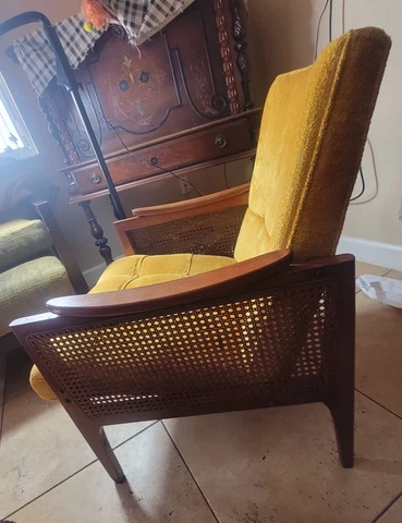 Vintage Mid Century Modern Tufted Velvet Teak Accent Armchair Cane Rattan Yellow Cover