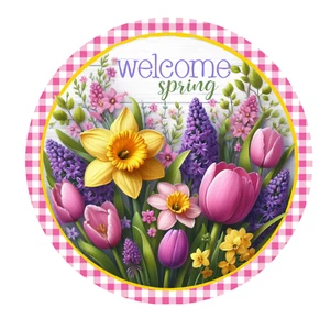 Welcome Spring Tulips Metal Wreath Sign- Round Metal Sign- Wreath Attachment - Picture 1 of 7