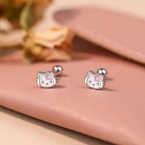 SOLID Sterling silver Tiny Enamel Kitty Cat animal Screw stud earrings Gift PE1 - Picture 1 of 7