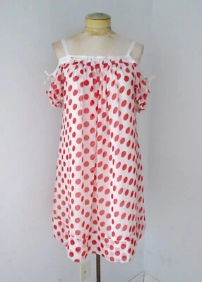 NUEVO SIN ETIQUETAS Vestido Babydoll Rojo Blanco Lunares Gasa Transparente Hombro Descubierto Forrado S Foto 1 de 4