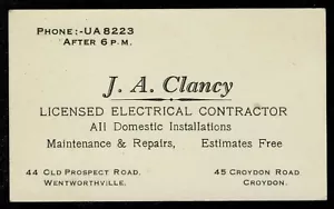 Tarjeta de visita vintage - J. Contratista eléctrico A. Clancy, Croydon N.S.W. - Imagen 1 de 2