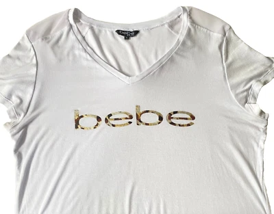 Bebe T Shirt Womens Large White Animal Print Reflective Logo Mesh Shoulders Read - Image 1 of 4