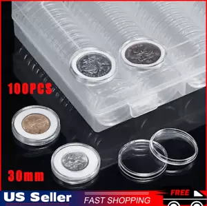 30mm Clear Coin Capsule Round Plastic Holder Container Storage Box Case 100Pcs - Picture 1 of 15