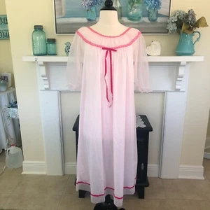 Vtg Movie Star Pink Chiffon Nightgown Size M Nylon Puff Sleeves Fairy Core Flowy - Picture 1 of 9