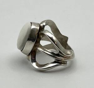 ANILLO Pesado ARTISANO Plata de Ley 925 Mate BLANCO LECHOSO Piedra Talla 6 Modernista - Imagen 1 de 8
