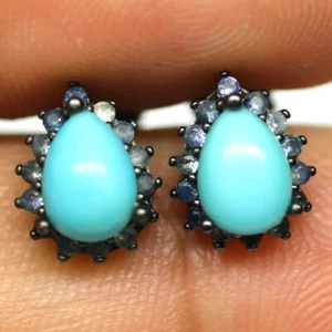 925 Plata de Ley 5x 7Mm. Azul Turquesa & Sapphire Pendientes Oro Negro - Imagen 1 de 4