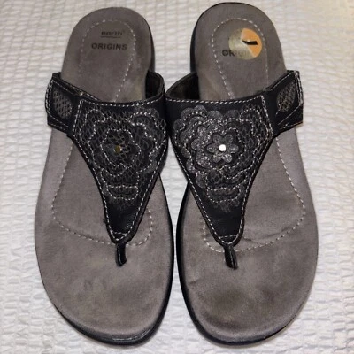 Earth Origins Willow Glenda Flip Flop Black Leather Slip On Sandals Women's 7 — 第 1/4 张图片