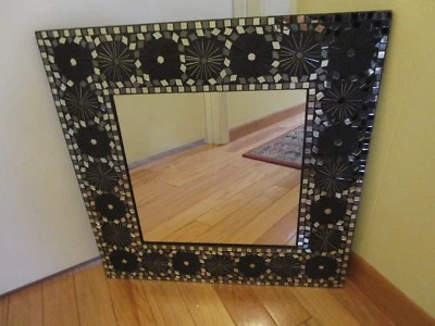 Wall mirror frame mini-tile Mosaic black & silver starburst 23" square 1990's - Image 1 of 4