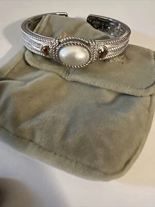 Judith Ripka Sterling Silver Brown Quartz Turquoise/Pearl Hinged Cuff Bracelet-L - Picture 1 of 9