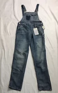 Harmony & Havoc Overall Bib Jeans Size 9 Roll Cuff Shadow Blue Distressed Denim - Picture 1 of 10