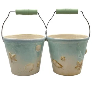 2 Sonoma Home Seaside Aqua Buckets with Handle Decorative Beach Themed Bucket - Picture 1 of 10