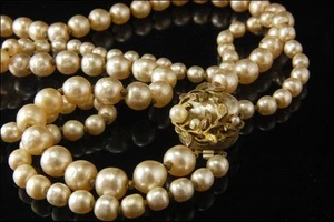 OLD EARLY SIGNED MIRIAM HASKELL 2 STRAND FAUX PEAL BRASS CHOKER NECKLACE  LT - Picture 1 of 4