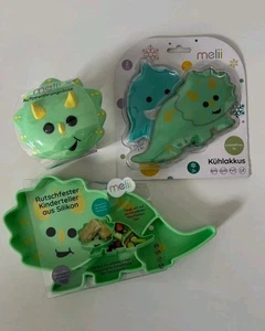 Melii Kinder Set Dinosaurier Teller Silikon Kühlakkus Dose Geschenk Baby NEU - Bild 1 von 9