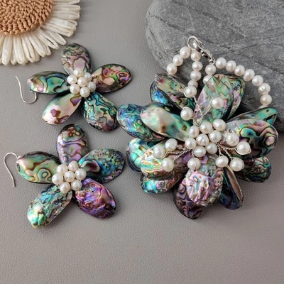 Культивированный белый жемчуг 80 мм многоцветный абалона раковина цветок браслет серьги комплект - Изображение 1 из 4