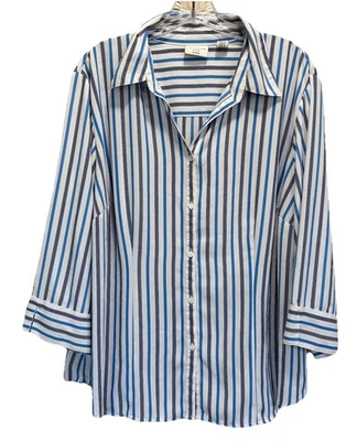 Covington Striped Button Up 3/4 Wide Sleeve Chiffon Blouse Size 20W Blue/White - Image 1 of 4