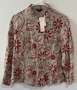 Women's Asian Style Jacket Top One Size Biege Red Floral 100% Cotton NWT - Picture 1 of 4