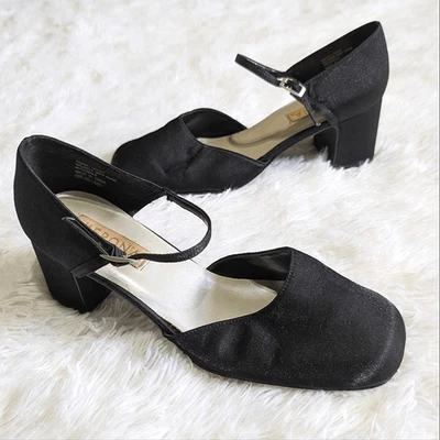 Y2K Merona Metálico Negro Grueso Tobillo Correa Bloque Tacones Plata Brillo Gótico Foto 1 de 4