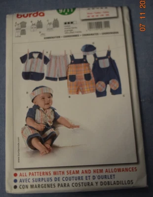 Burda Kids 9711 Infant Overalls Shirt Pants Hat Pattern Sz 3 - 18 Months Uncut - Image 1 of 2