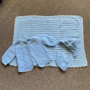 Vintage Crochet Knitted Baby Layette Set Sweater Hat Booties Blanket Blue Pink - Picture 1 of 18