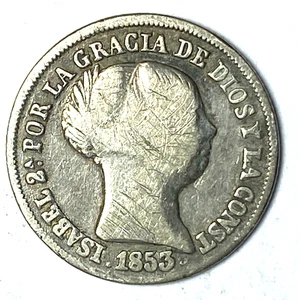 Moneda de plata de 2 reales España 1853 KM# 599,3 7 puntas estrella - Imagen 1 de 2