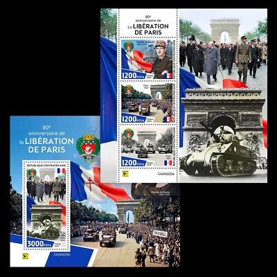 WWII Liberation of Paris De Gaulle MNH Stamps 2024 Central African M/S + S/S - Image 1 of 3