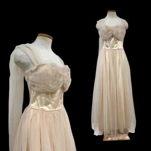 Vintage 50s Tulle Satin Sash Sweetheart Strapless Blush Pink Gown - Picture 1 of 3