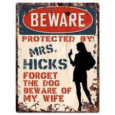 Ppbw 0155 Beware Protected by Mrs. Hicks Rustic Tin Sign Funny Gift Ideas