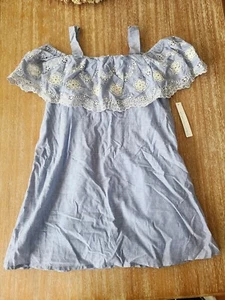 NEW Girls 8 Blue Embroidered Dress Pinstripe Off Shoulder Scalloped Summer Short - Picture 1 of 2
