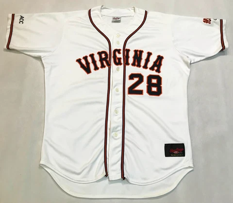 Rawlings Virginia Cavaliers #28 NCAA Baseball Jersey Sz 46 White Sewn Cover