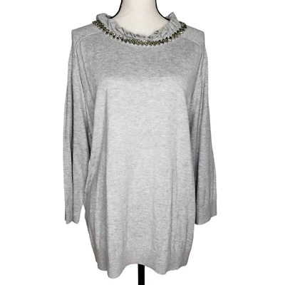 Suéter Talbots RSVP 3X novo com etiquetas manga 3/4 pulôver cinza joia decote laços na parte de trás - Imagem 1 de 4