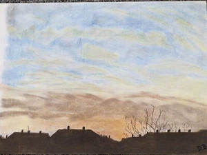 Vintage Original gouache & crayons painting by D Bruce landscape at twilights - Picture 1 of 13