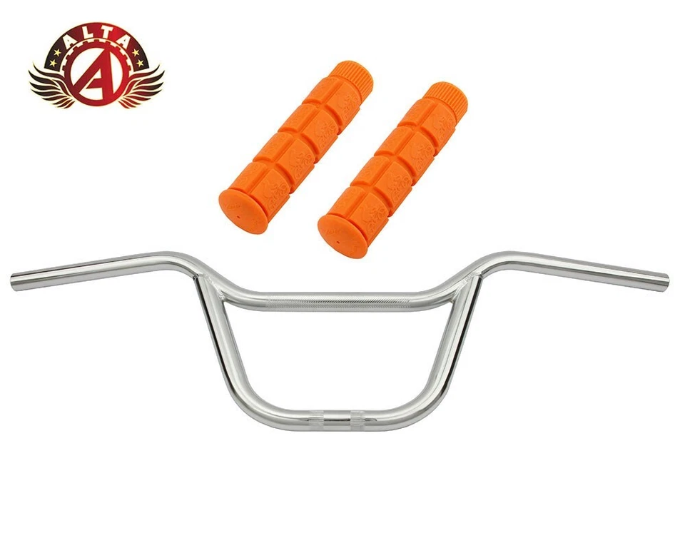 ALTA U-Bar Old School Classic Chrome Handlebar W/ BLOCK BMX Style GRIPS. - Image 1 of 1