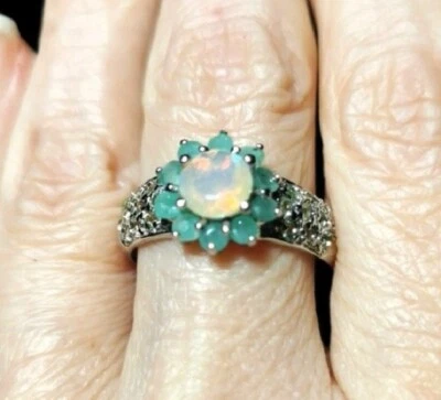 NATURAL FIRE OPAL + EMERALDS + PERIDOTS 925 STERLING SILVER 14K WHITE GOLD PLATE - Immagine 1 di 4