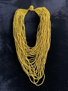 Vintage Torsade Mustard Yellow Seed Bead 32 Strand GraduatedNecklace 16-30” F/S - Picture 1 of 6
