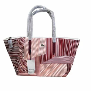 "LACOSTE" Women Zip TOTE BAG Striped Pink Red Campanula 18x10.5” PVC & Leather - Picture 1 of 11