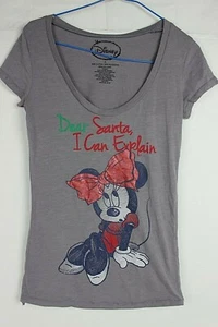 DISNEY Minnie Mouse Dear Santa Gray Short Sleeve Tee TShirt Womens Sz Small GUC - Picture 1 of 6