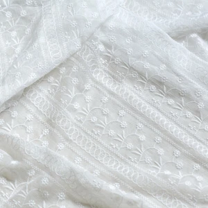 White Embroidered Floral Chiffon Fabric By Meter for Dress Clothing Sewing Craft - Picture 1 of 12