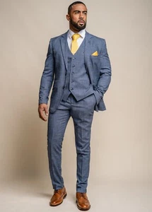 Men's Cavani Blue Tweed Check Smart Wedding 3 Piece Suit Slim Fit - Picture 1 of 8