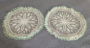 Vintage Crochet Doilies w Frilled Double Edge, Green Accent Set Of 2 17.5"' - Picture 1 of 10