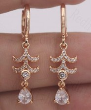 Dangle Teardrop Tree Stud Earrings Sw 1.3" 18K Gold Filled Clear Zircon Topaz