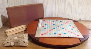 Vintage 1948 Scrabble Board Game Pieces Round Wood Handmade Lazy Susan Spinning - Picture 1 of 11