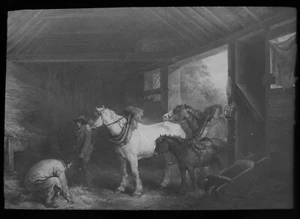 ANTIQUE Magic Lantern Slide THE INSIDE OF A STABLE C1910 GEORGE MORLAND - Picture 1 of 2