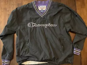 Men’s Vintage Champion Windbreaker M Black Embroidered Logo V-Neck Zip Pocket - Picture 1 of 9