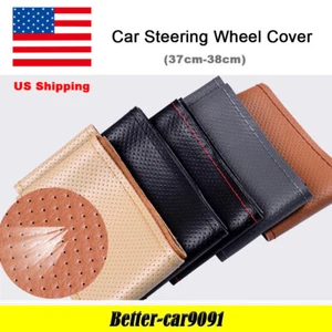 15" Universal Car Steering Wheel Cover Genuine Leather Breathable Black Blue DIY - Foto 1 di 18