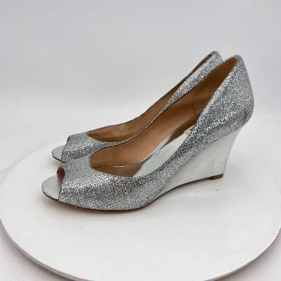 Badgley Mischka Mujer Talla 9 Metálico Plateado Brillo Punta Abierta Cuñas Zapatos Foto 1 de 4