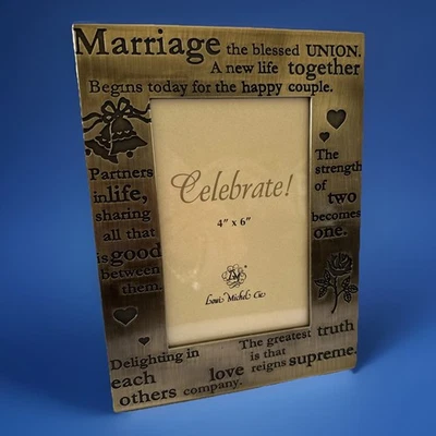 全新带盒 快乐夫妇 婚礼相框 婚姻爱情铃 8x6 英寸 拉丝镍 — 第 1/4 张图片