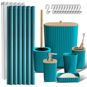 Bathroom Accessories Set - Teal 20PC Accessory Shower Curtain Toilet Brush Trash - Picture 1 of 8