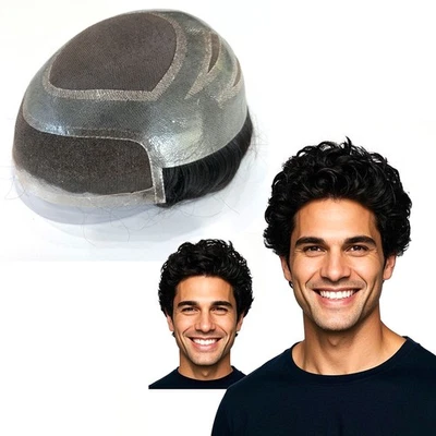 Sistema de reemplazo de cabello humano para hombre pelucas negras de encaje poli piel toupee Foto 1 de 4