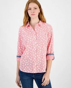 Camisa de algodón Tommy Hilfiger floral de guinga para mujer - Sherbert/blanco brillante - M - Imagen 1 de 3