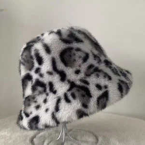 High-end leopard print plush fisherman hat Faux Fur Bucket Hat Soft Warm Hat - Picture 1 of 6